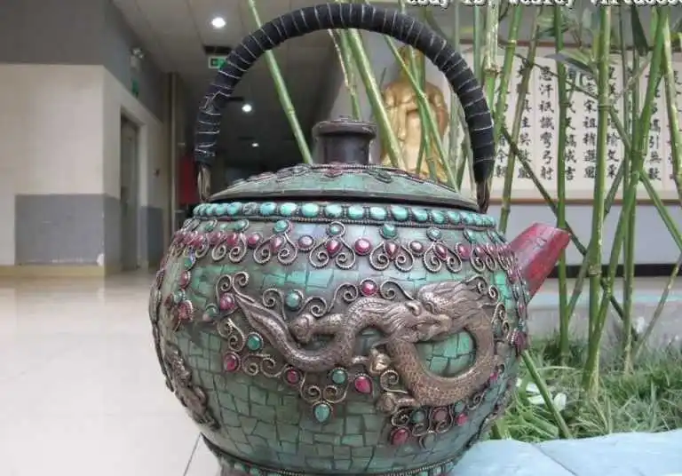 

Tibet Copper Handwork inlay turquoise Red coral ruby beryl Dragon teapot Pot