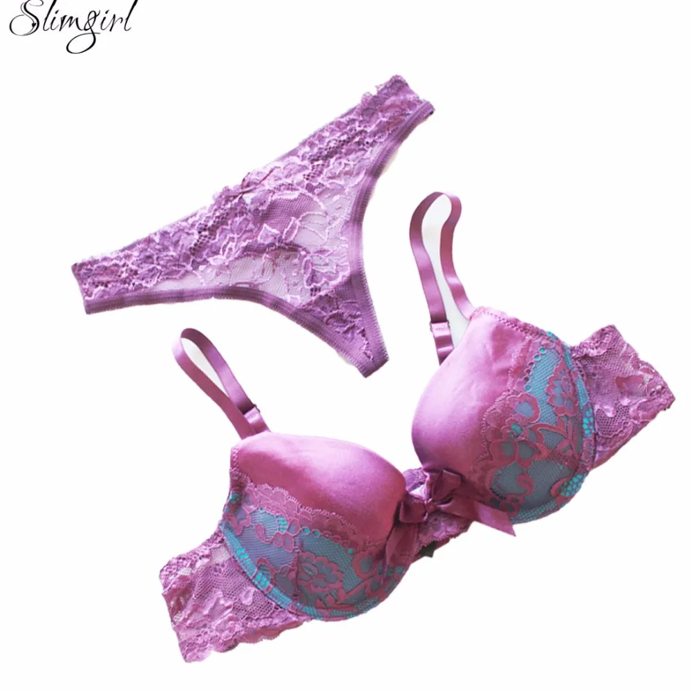 Slimgirl, женский сексуальный кружевной комплект с бюстгальтером, большой размер, розовая вышивка, пуш-ап, на косточках, один-piese, тонкие бюстгальтеры с подкладкой, наборы бюстгальтер+ трусы