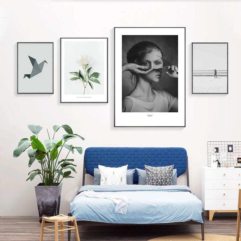 

Flower Painting Nordic Poster Girl Bird Print Scenery Posters Abstract Black And White Wall Pictures For Living Room Unframed