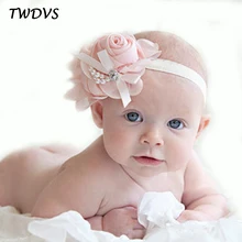 12 Colors 2015 New Arrival cute Baby Hair Band Headband Hair Accessories Pearl Rose Flower Headwear Stretchy W075