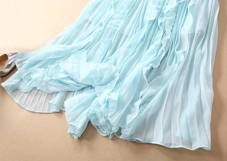 Шифоновое гофрированное платье летняя мода дамское Мятное голубое сказочное платье с круглым вырезом Плиссированное Платье макси с длинным рукавом
