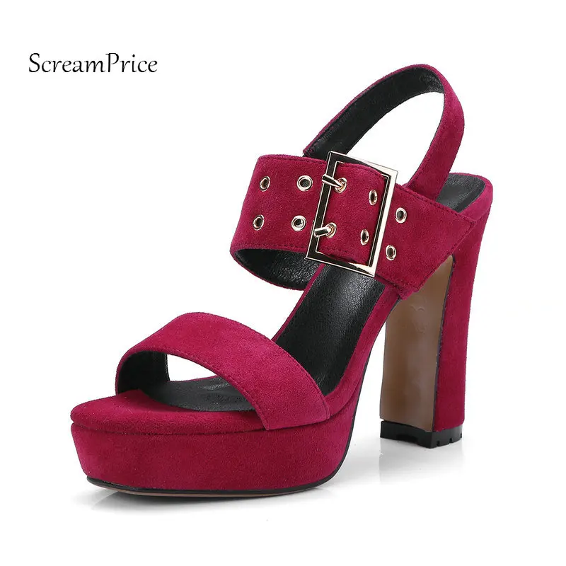 

Suede Platofrm Square High Heel Open Toe Summer Woman Sandals Buckle Dress High Heel Shoes Woman Black Wine Red Apricot