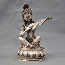 Китайская тибетская Серебряная Бронзовая статуя Будды Bodhisattva Kwan-yin Saraswati