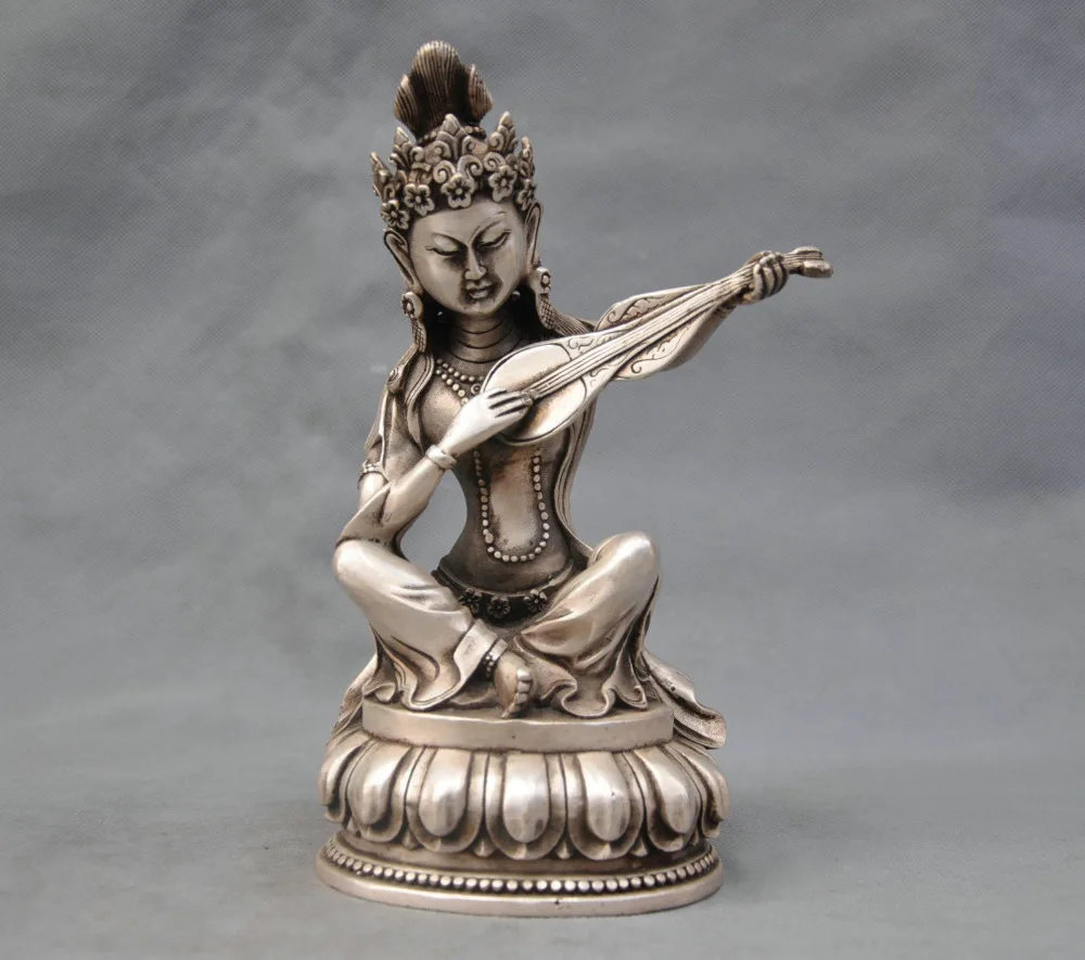 Китайская Серебряная Бронзовая статуя Будды Тибета Bodhisattva Kwan-yin Сарасвати | Дом и