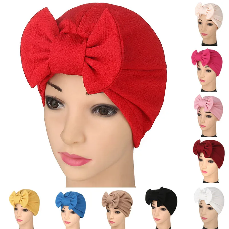 

Women's Hijab Caps Hat Lady With Bow Tie Elastic Headwear Underscarf Adjustable -MX8