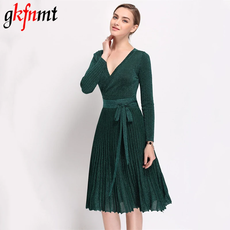 

Women Dress Spring Pleated Large Hem V Collar High Waist Lace Up Shiner Knitted Elastic Dress Women New Vintage Clothing