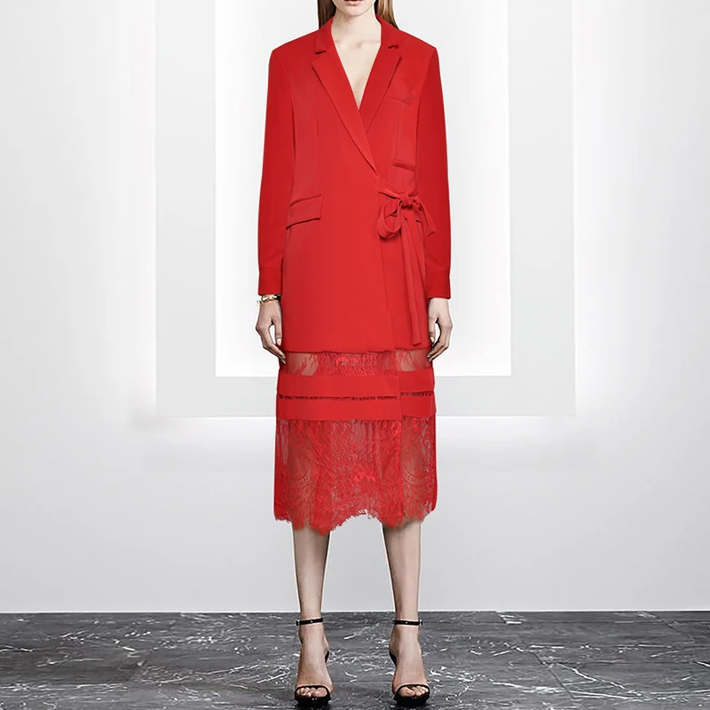 

HIGH QUALITY New Fashion 2019 Designer Runway Dress Women's Long Sleeve Lace Patchwork Red Notched Dress