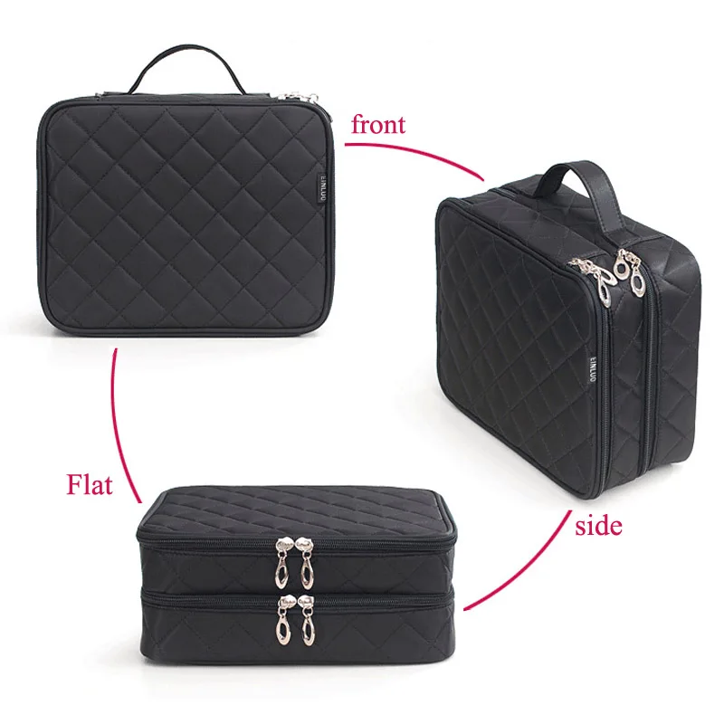 HMUNII سعة كبيرة التجميل حقيبة منظم فرش الماكياج مزدوجة طبقة نقطة نمط السفر أدوات الزينة مقسم حقيبة مع مرآة