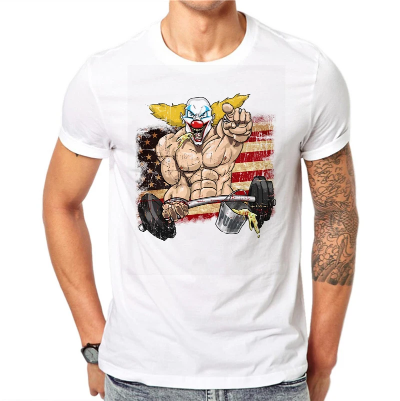 100% القطن مضحك طباعة مهرج مضحك المحملات الذكور الصيف أزياء قصيرة الأكمام قمم مهرج الاثقال تصميم تي شيرت أبيض الملابس