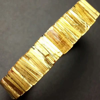 

13x7mm Genuine 100% Natural Gold Yellow Rutilated Quartz Crystal Rectangle Beads Bracelet Bangle Wealthy Woman Man Bangle AAAAAA