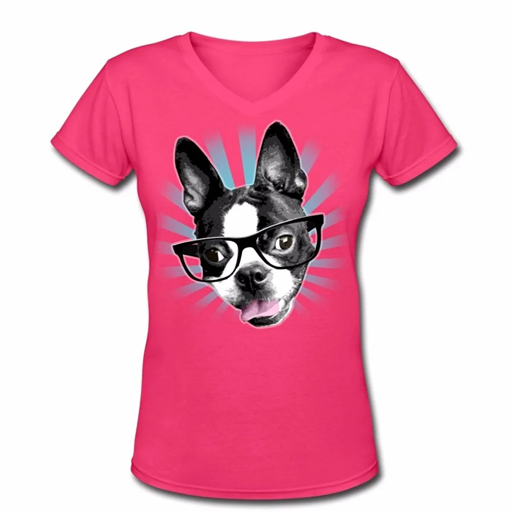 

Newest 2019 Women's Fashion Summer Short Sleeves Cotton T-Shirt Boston Terrier Glasses Unique T Shirts