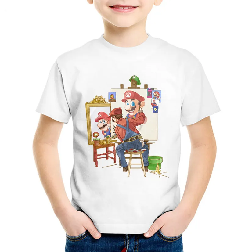 Детские футболки с тройным принтом в виде автопортрета Mario/Spiderman/Van Gogh/Harley Детская