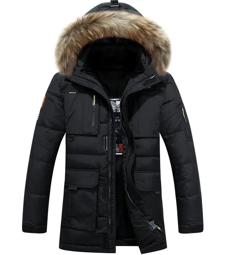Новинка года, Длинная зимняя куртка, выдерживает-40 градусов, мужская куртка большого размера с натуральным меховым воротником, с капюшоном, на утином пуху, куртка большого размера