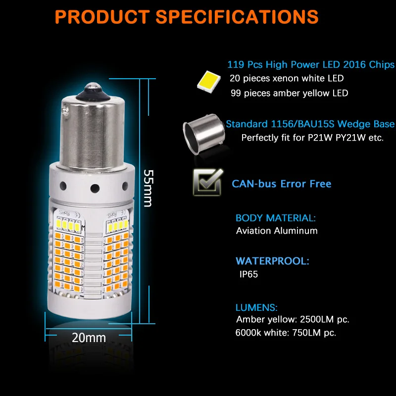 IJDM No Hyper Flash 21 Вт BAU15S светодиодный светильник Canbus BA15S 1156 светодиодный Белый/янтарный светодиодный светильник для дневных ходовых/указателей поворота