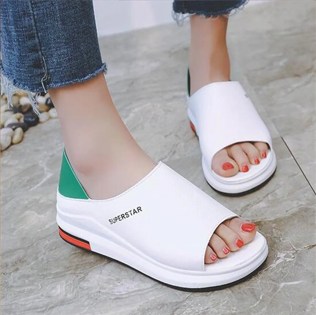 2019 جديد أزياء النساء الصنادل الربيع الصيف منصة صندل أحذية امرأة زقزقة اصبع القدم جلد الشاطئ عارضة Sandalias موهير Size34-42