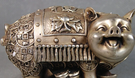 

JP S061 Chinese Fengshui Silver Zodiac Year Spirit Strong Wealth Rich Money Pig Statue K