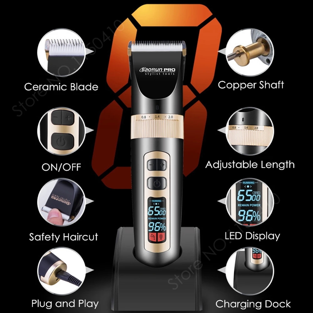 Professional Electric Hair Trimmer Beard Shaver Lithium 2000mA Rechargeable Hair Clipper Titanium Knife LCD Cutting Machine