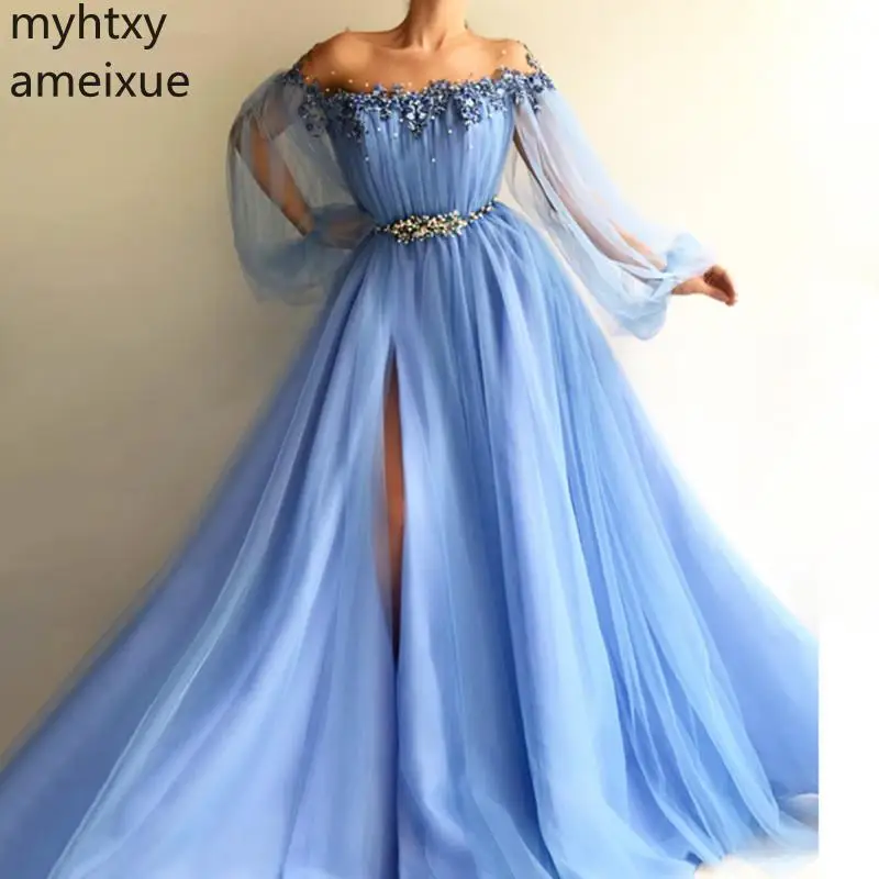 

Blue Muslim Evening Dresses 2020 Sexy Long Sleeves Tulle Slit Pearls Islamic Dubai Saudi Arabic Long Formal Evening Gown Prom