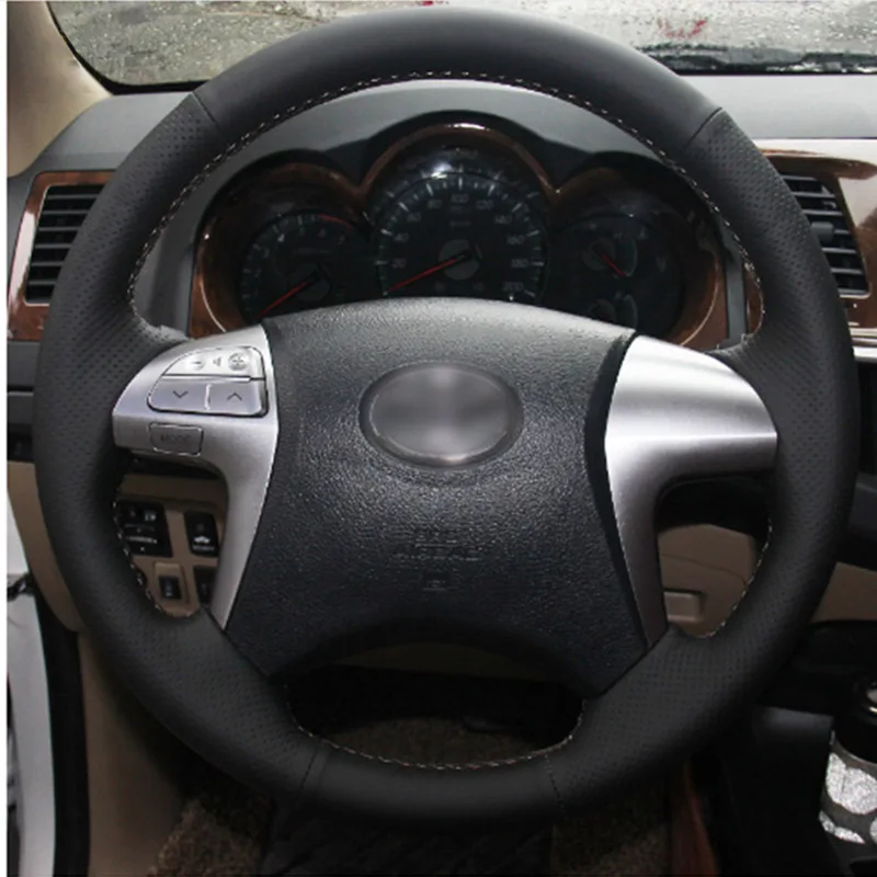 

Top Leather Steering Wheel Hand-stitch on Wrap Cover For Toyota Fortuner Hilux 2012-2015