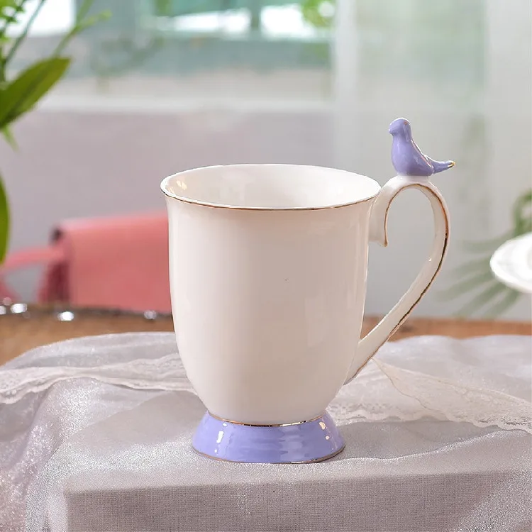 Пасторальная птица костяного фарфора кофейная кружка с ложкой Европа фарфоровая чайная чашка британская керамическая кружка для кафе "время пить чай" посуда для напитков Прямая поставка - Цвет: Фиолетовый