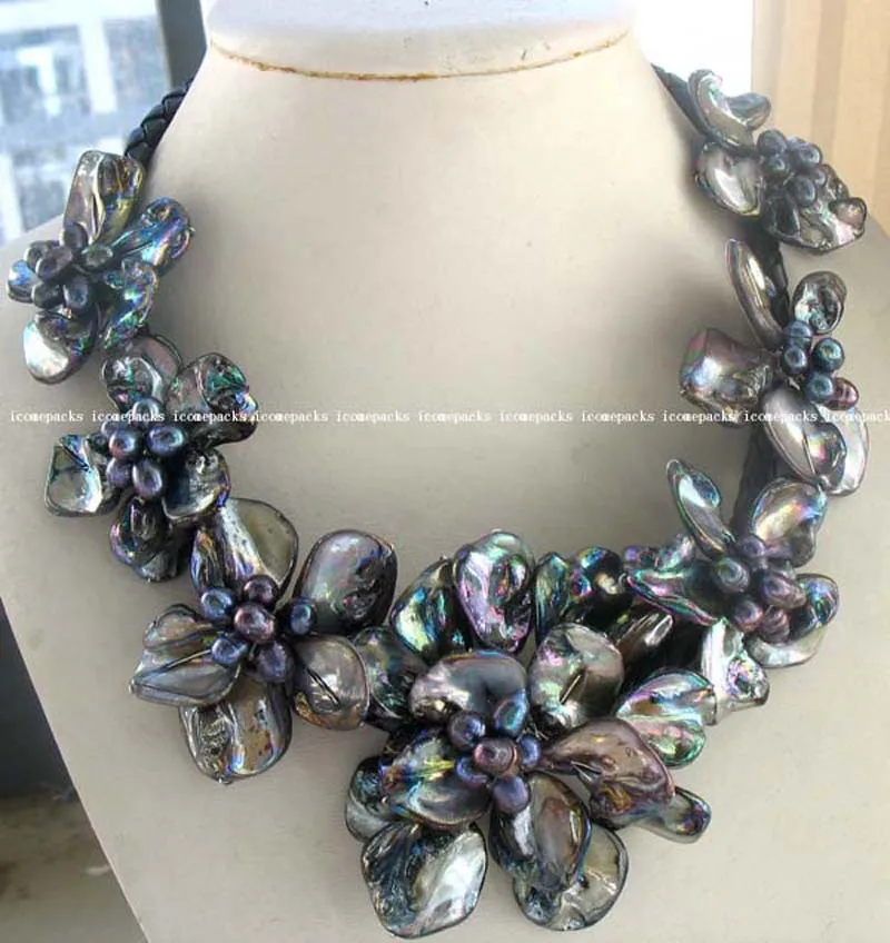 

wholesale wonderful black freshwater pearl 40-60 mm sea shell flower 18.5" necklace