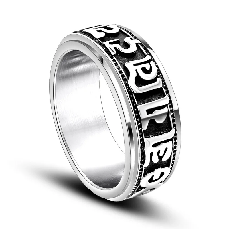 Men Rings Fashion Titanium Steel Sculpture Buddhist Scriptures Vintage