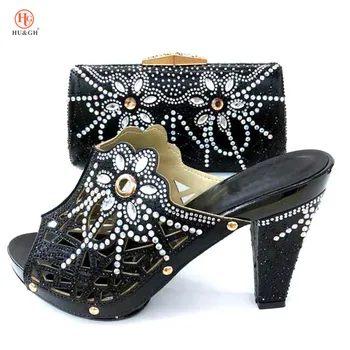 

Newest Black Italian Shoes with Matching Bags Set Decorated with Rhinestone Matching Shoes and Bag Set for Wedding Party Pumps