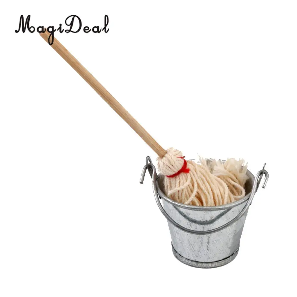 MagiDeal 1/12 Dollhouse Miniature Kitchen Garden Mop Bucket for Kid Hands-On Ability Pretend Play Early Education Furniture Toy 