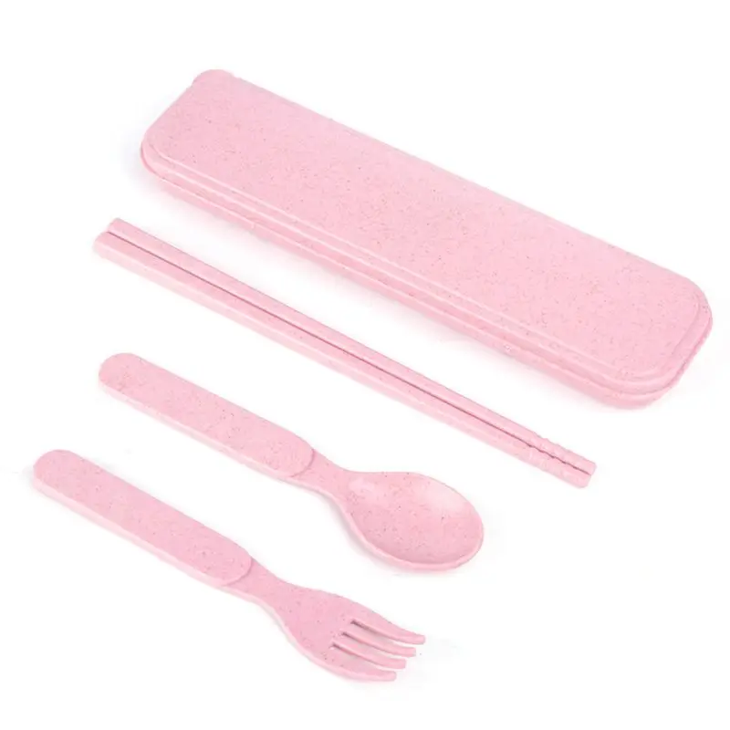 Детские соломенные ложки, палочки для еды, вилки, набор, чехол для хранения, посуда для кормления детей, для малышей, легкие, термостойкие - Цвет: Розовый