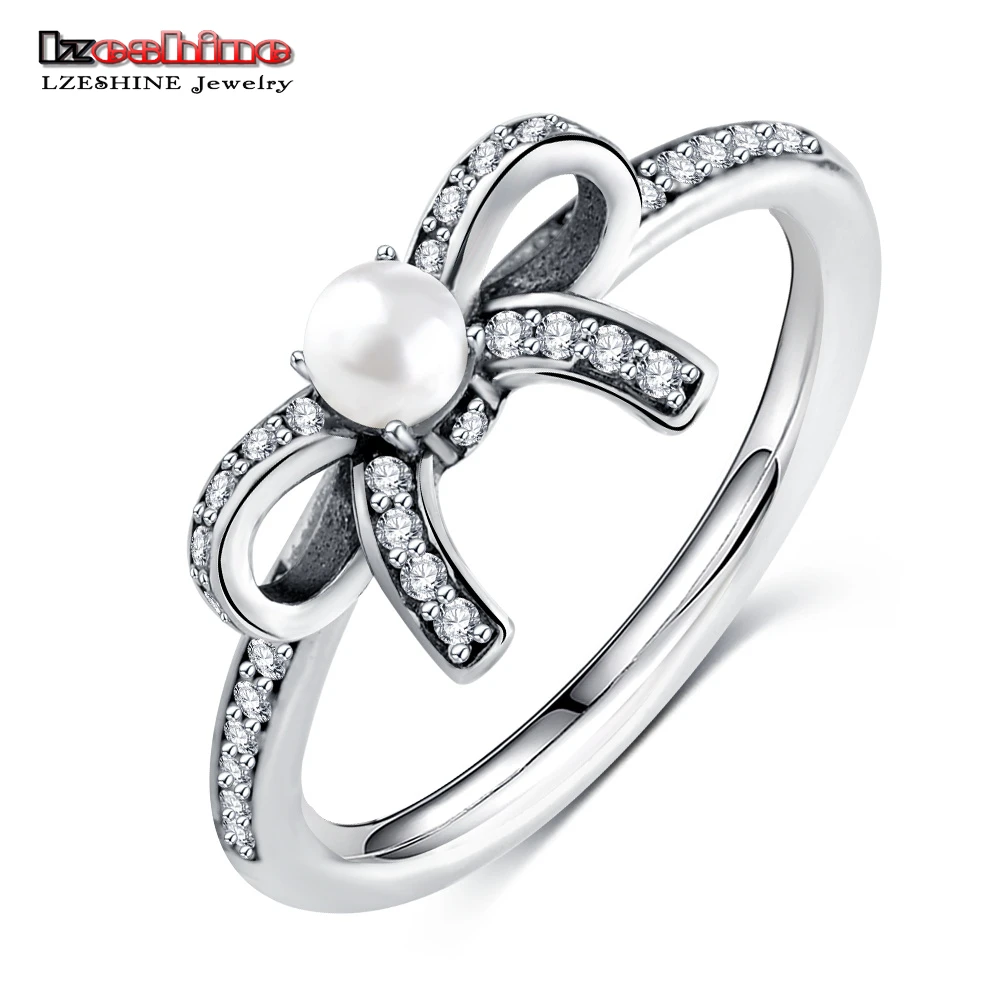 

LZESHINE 925 Sterling Silver Delicate Finger Rings Lovely Bow with White Pearl Ball AAA Zirocnia Engagement Ring PSRI0024-B