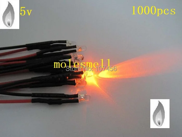 Бесплатная доставка 1000 шт. 3 мм Orange мерцания 5 В Предварительно проводной воды ясный LED светодиоды свечи Orange свет 20 см