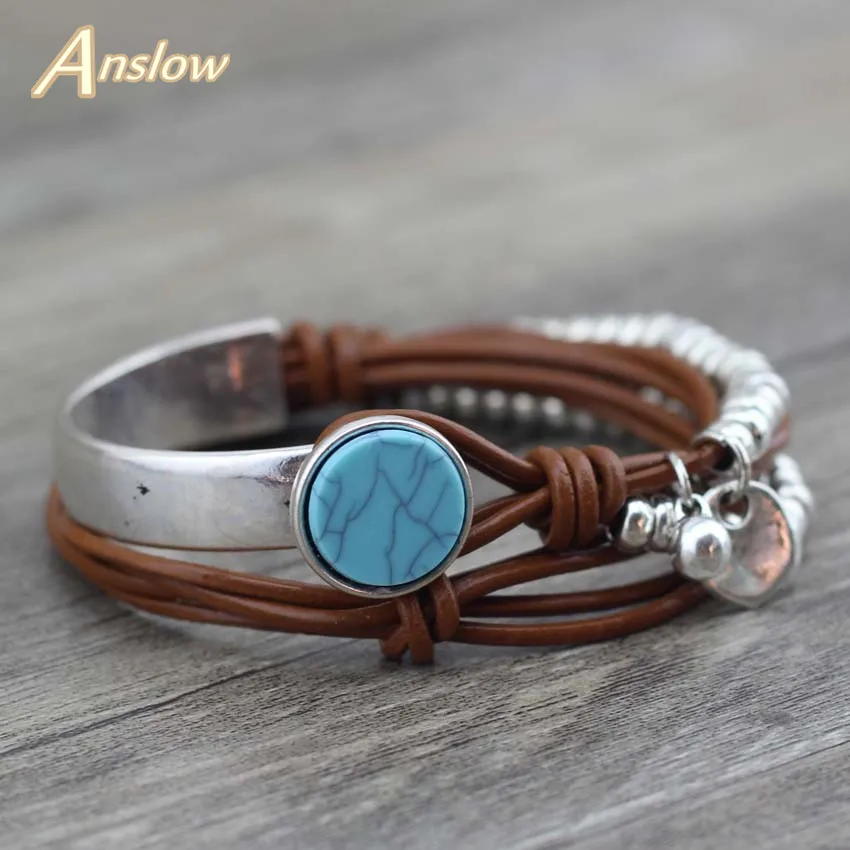 

Anslow New Design Fashion Jewelry Summer Style Resin Unique Silver Beads Leather Bracelet For Women Valentine's Day LOW0501LB