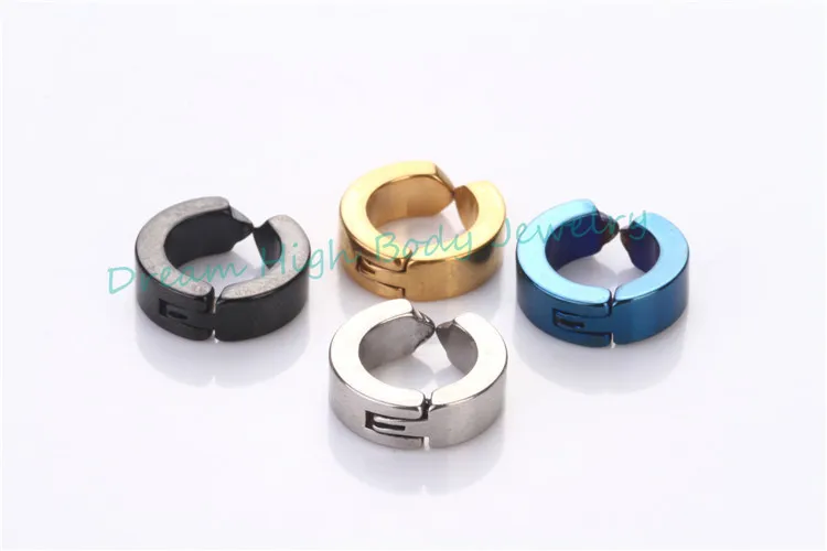 faves simple Fake Ear Pierce Stainless Steel Hoop Huggie Punk Stud Earring Black 4mm Wide Clip