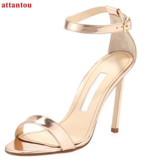 Women Rose gold ankle strap with golden buckle concise high heel