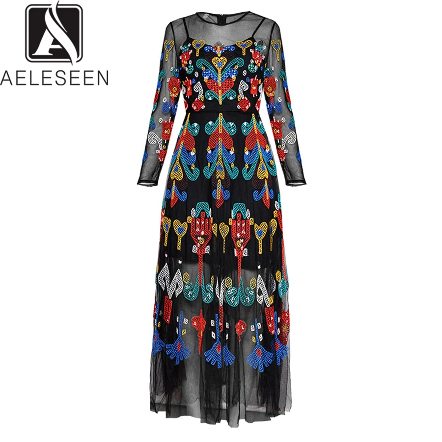 

AELESEEN Vintage Black Vestido Dresses 2019 Summer Women's Full Sleeve Beading Embroidery Dress Luxury See-Through Sexy Dress