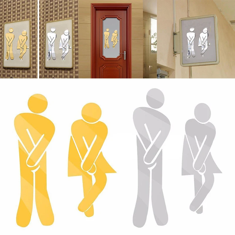 Toilet Room Sign Decorative Bathroom Sign For Hotel Bar Restaurant Mirror Wall 3D Removable Mirror Wall Stickers Creative Decals
