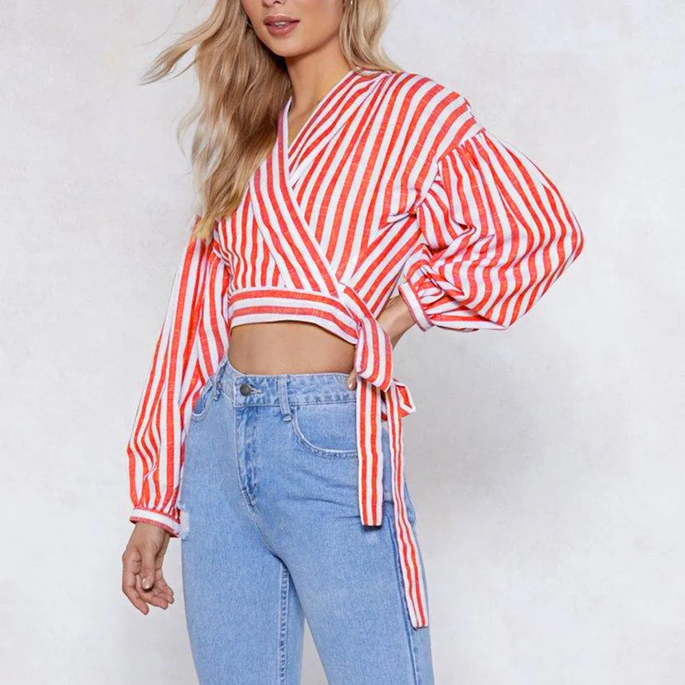 

Women V-Neck Striped Long Latern Sleeve Cross Bandage Short Shirt Tunics Casual Blouse Top camisa de mujer blusa feminina #2S