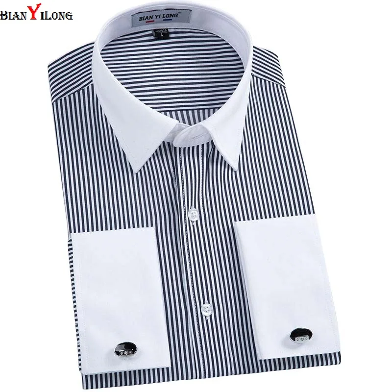 

BIANYILONG 2019 New Luxury French Cuff Striped Full Dress Shirts Lapel Long Sleeve Classic-fit Formal Men Shirt Big Size 5XL 6XL