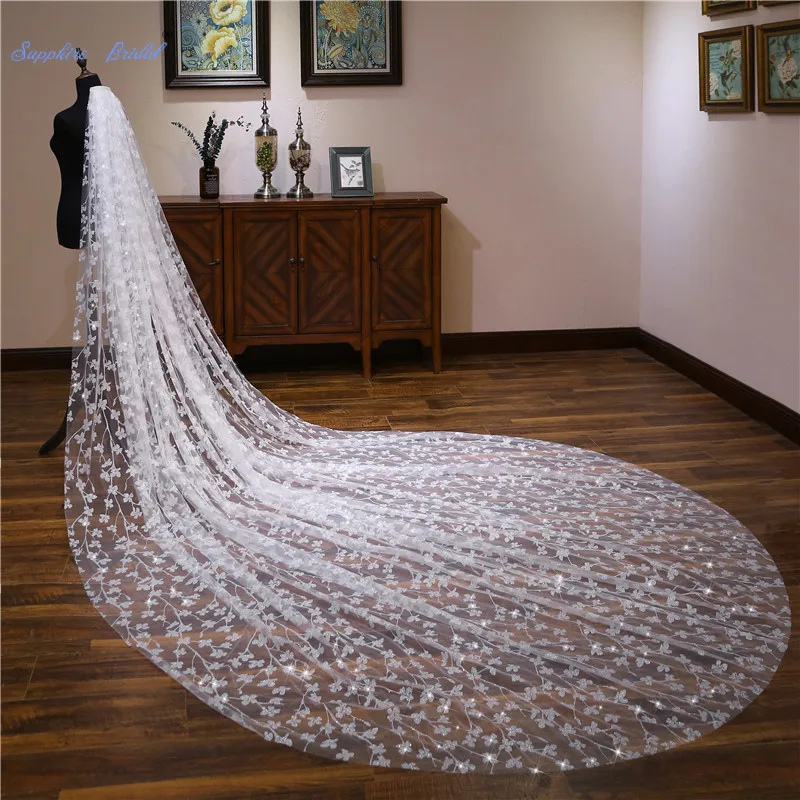 

Sapphire Bridal Wedding Accessories 4m Long Leaves Parttern Cathedral Wedding Veil Velo De Novia 1 Tier Bridal Veil with Comb