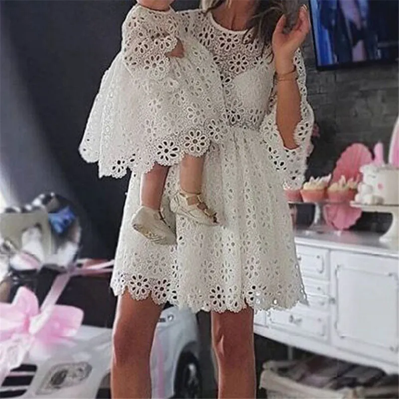 

Mother and Daughter Dresses Family Matching Outfits Summer Autumn Women Kids Girls Lace Hollow Out Fancy White Dress Family Look