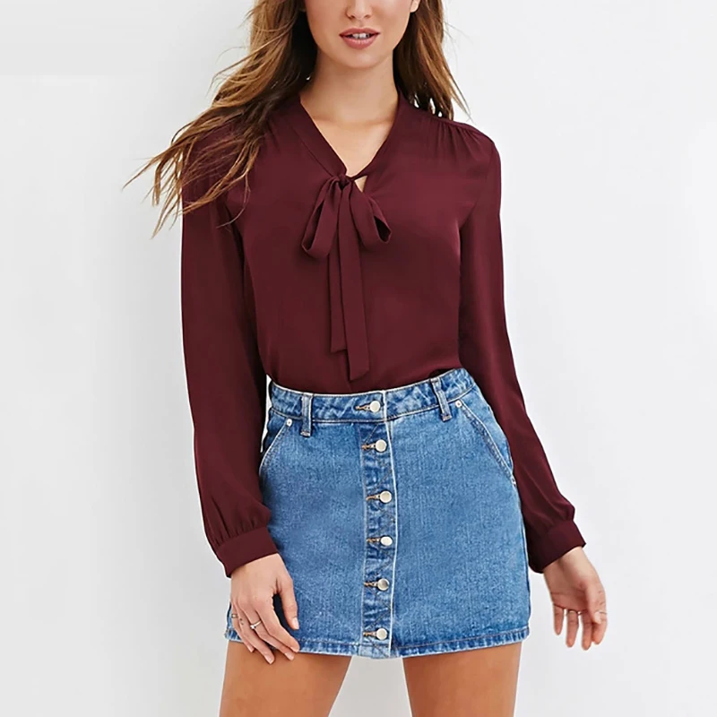 

Sale Spring Summer Blouse Women Long Sleeve Shirts Fashion Leisure Chiffon Shirt Bow Office Ladies Burgundy White Plus size Tops