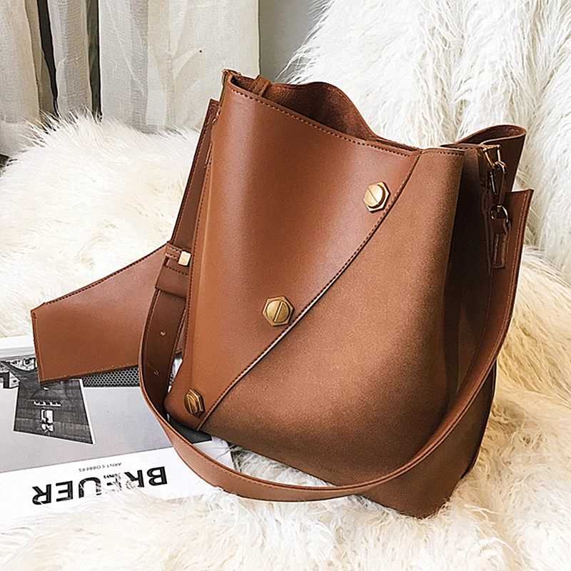 Burminsa Suede Women Bucket Bags Vintage Female Shoulder Bags Big Wide