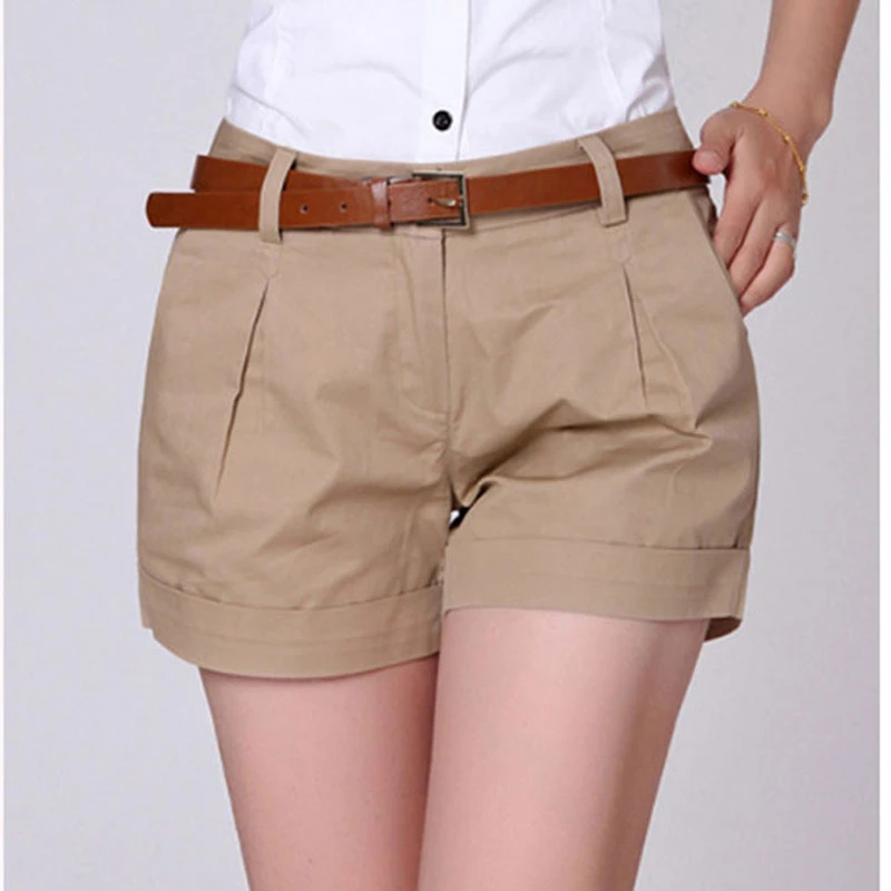 Pantalón corto estilo coreano verano para mujer 2018 de talla grande s de talla grande S 2XL nuevo diseño de moda pantalón corto Color sólido caqui blanco|Pantalones cortos| -