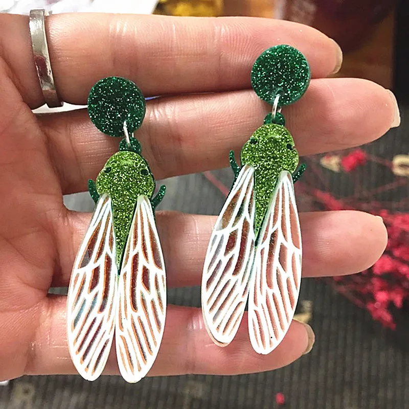 

2019 New Fashion Glitter Acrylic Insect Drop Earrings For Women Lovely Cicada With Wings Dangle Earrings Brincos Accessory Gift