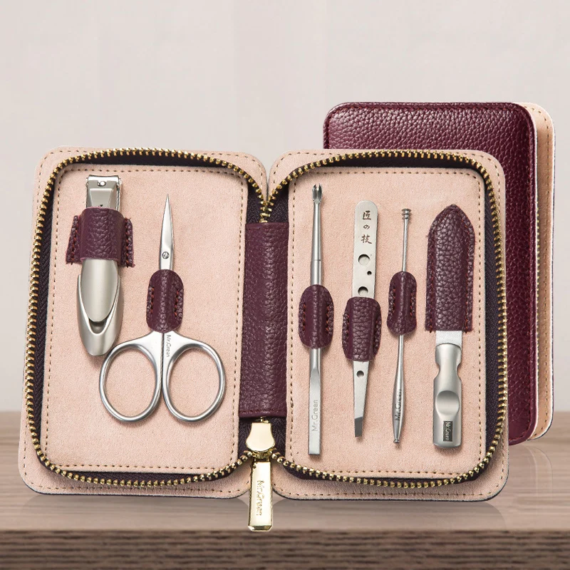 

MR.GREEN nail set grooming kit 6 IN1 Manicure Set Genuine Leather Professional Stainless steel nail clippers scissors