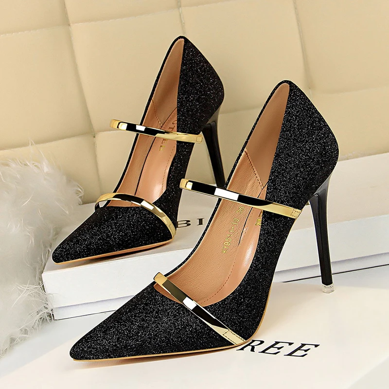 

BIGTREE black silver high heels pumps ladies shoes stiletto shallow zapatos de mujer verano 2019 sexy pointed toe bling escarpin