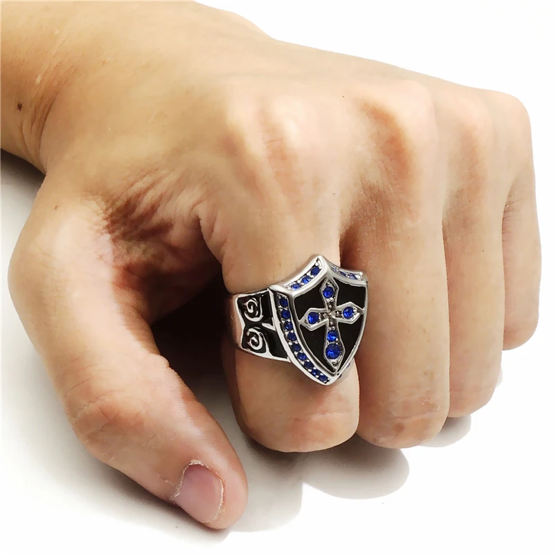 Men's Women's Silver Blue Crystal Cross Noble Knight Stainless Steel Ring Size 8-15