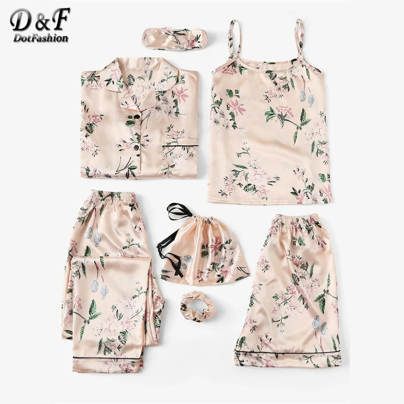 Dotfashion абрикосовый 7 шт. цветочный принт атласный Cami PJ набор с рубашкой пижамы для женщин Весенняя элегантная Домашняя одежда с длинным рукавом
