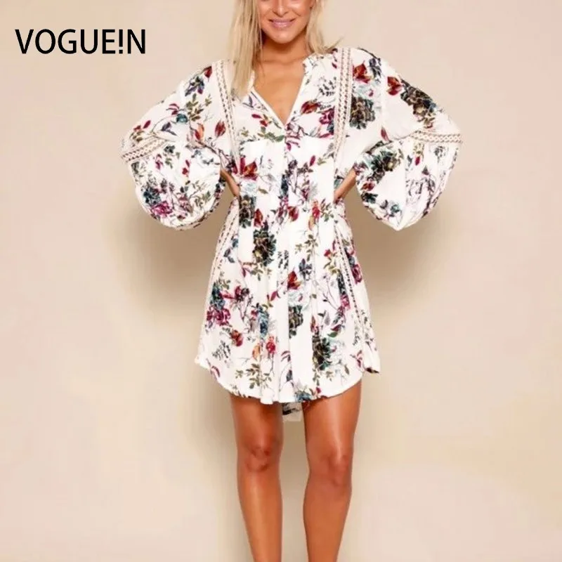 

VOGUE!N New Womens Ladies Fashion V-Neck Lantern Sleeve Lace Mix Mini Dress Size SML Wholesale Yellow White 6 Colors