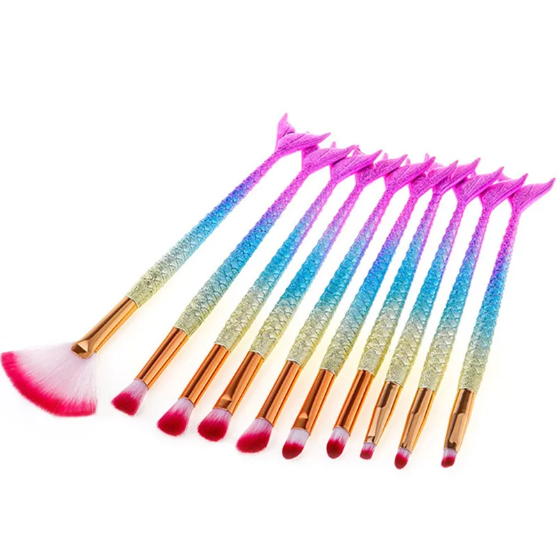 

10Pcs Pro Mermaid Makeup Brush Set Big Large Fan Eyeliner Eye Shadow Eyebrow Brush Multi Colorful Fish Tail Rainbow Brush Kits